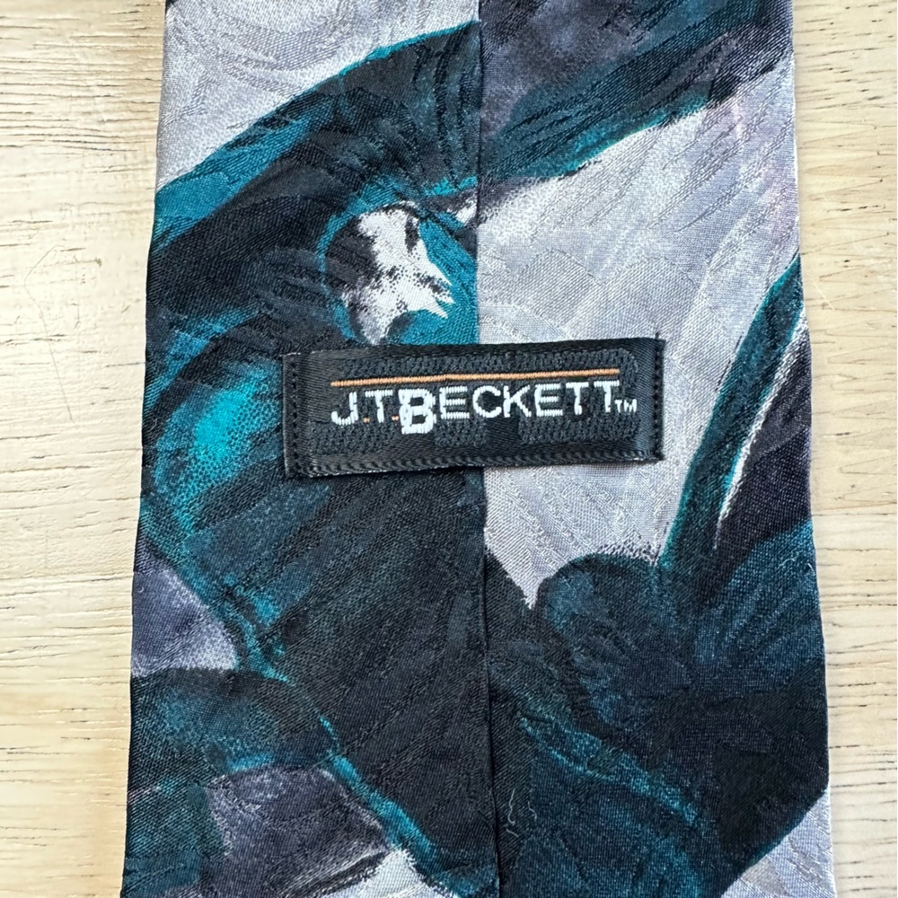 Vintage JT Beckett Blue White Gray Teal Floral Tie Mens Fancy Business Wedding - Picture 2 of 5